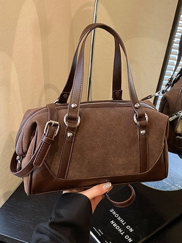 Vintage Splicing PU Leather Boston Bag For Women Retro Rivet Decor Small Bowling Handbag Casual Daily Shoulder Crossbody Bag