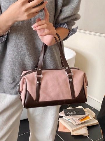Vintage Splicing PU Leather Boston Bag For Women Retro Rivet Decor Small Bowling Handbag Casual Daily Shoulder Crossbody Bag