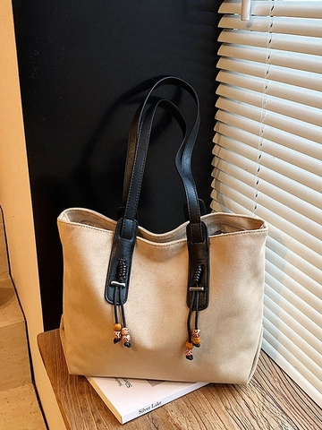 Borsa Tote Donna alla Moda Grande Capacità in Pelle PU Opaca Retrò Con Perline di Legno Elegante Borsa a Spalla Casual Pendolare