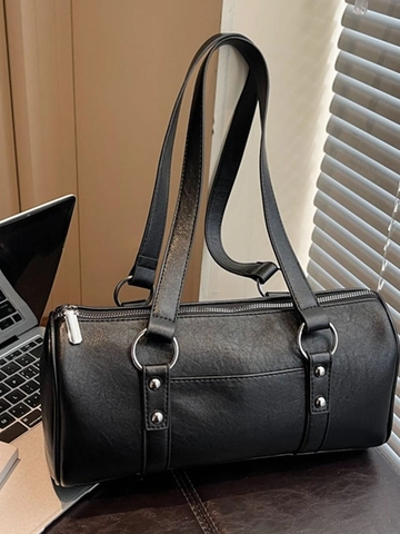 Bolso de Hombro de Barril de Cuero PU Vintage Gran Capacidad Boston Bolso de Mano Decoración Remaches Mujer Oficina Moda Tote
