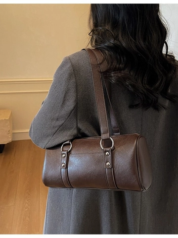 Bolso de Hombro de Barril de Cuero PU Vintage Gran Capacidad Boston Bolso de Mano Decoración Remaches Mujer Oficina Moda Tote