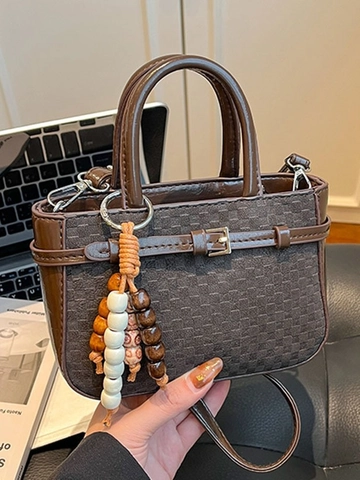 Women Casual PU Leather Checkerboard Crossbody Bag Small Tote Handbag With Bead Pendant Vintage Fashion Shoulder Bag For Daily