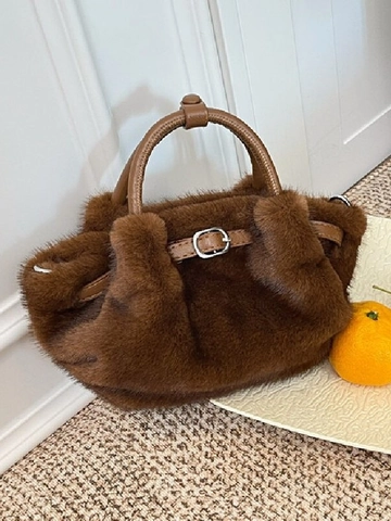 Bolso de Cubo de Piel Sintética de Peluche para Mujer Moda Bolso de Mano Nube Plisado Con Correa Ajustable Invierno