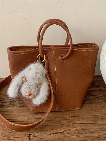 Borsa a Secchiello Donna Vintage Minimalista in Pelle PU a Grana Litchi Borsa a Spalla Casual Con Ciondolo a Coniglio in Peluche