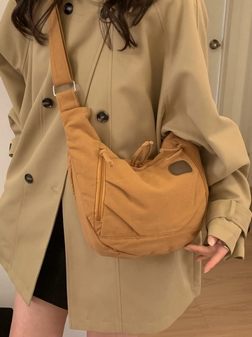 Women Casual Canvas Hobo Bag Large Capacity Multi Zipper Crossbody Bag Vintage Solid Color Shoulder Sling Dumpling Bag