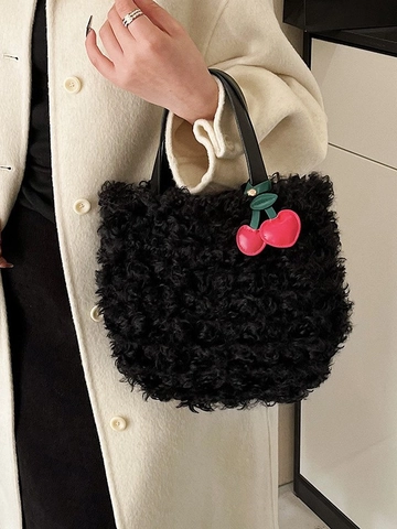 Sac Seau en Peluche Pour Femmes Fausse Fourrure Laine d'Agneau Sac Fourre-tout Avec Breloque Cerise Poignée en Cuir Sac à Main Mode Hiver