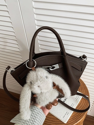 Secchiello da Donna in Pelle PU a Grana Litchi Borsa a Tracolla Minimalista Con Tracolla Rimovibile E Charm Coniglietto