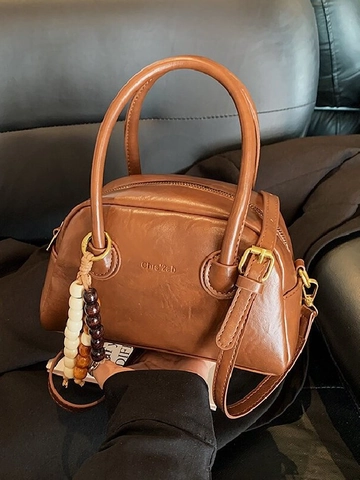 Vintage PU Leather Boston Shoulder Bag For Women Retro Pillow Handbag With Beaded Charm Adjustable Strap Top Handle Bag