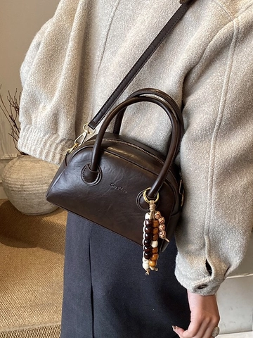 Vintage PU Leather Boston Shoulder Bag For Women Retro Pillow Handbag With Beaded Charm Adjustable Strap Top Handle Bag