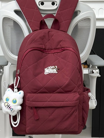 Gesteppter Nylon Rucksack Damen Große Kapazität Laptoptasche Mode Schultasche Mit Katzenanhänger Lässige Reisetasche