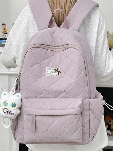 Gesteppter Nylon Rucksack Damen Große Kapazität Laptoptasche Mode Schultasche Mit Katzenanhänger Lässige Reisetasche