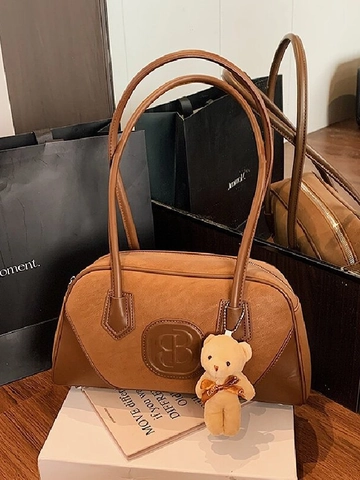 Vintage PU Leather Underarm Shoulder Bag For Women Retro Embossed Boston Bag With Bear Pendant Casual Solid Color Handbag