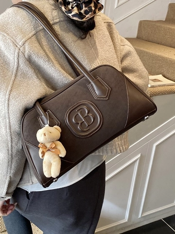 Vintage PU Leather Underarm Shoulder Bag For Women Retro Embossed Boston Bag With Bear Pendant Casual Solid Color Handbag