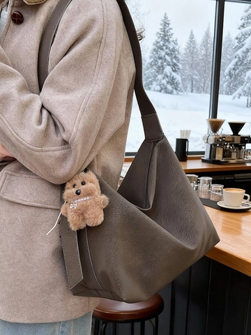 Women Fashion PU Leather Large Capacity Shoulder Bag Retro College Style Tote Bag With Plush Toy Pendant For Winter Daily
