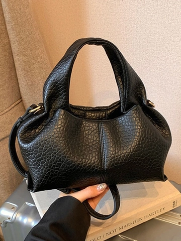 Women Pleated PU Leather Cloud Handbag Lychee Pattern Crossbody Bag With Top Handle Adjustable Strap Solid Color Commuter Shoulder Bag