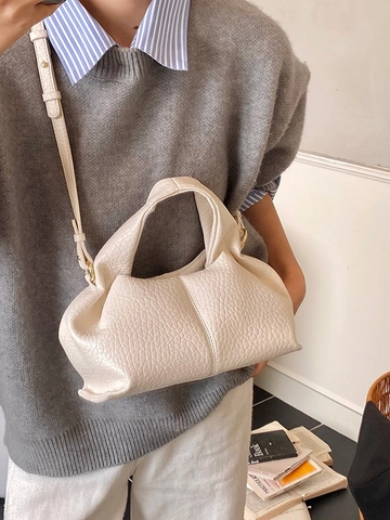 Women Pleated PU Leather Cloud Handbag Lychee Pattern Crossbody Bag With Top Handle Adjustable Strap Solid Color Commuter Shoulder Bag