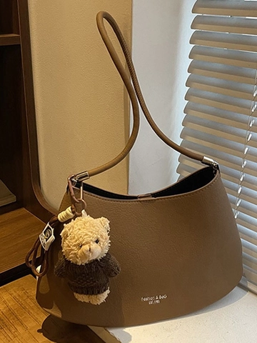 Women Fashion PU Leather Underarm Hobo Bag Solid Color Large Capacity Shoulder Bag With Cute Bear Plush Charm For Daily Life
