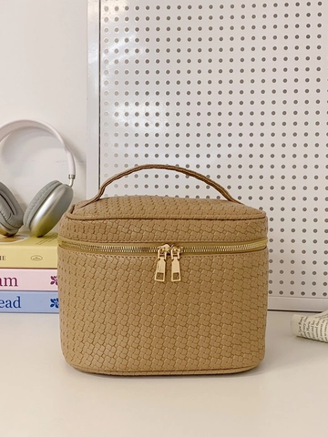 Women Large Capacity Woven Cosmetic Bag PU Leather Travel Toiletry Wash Bag Portable Handheld Makeup Organizer Box With Gold Zippers
