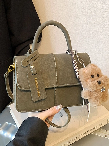 Retro PU Leather Crossbody Bag For Women Small Square Handbag Contrast Stitching Fashion Shoulder Bag With Plush Pendant