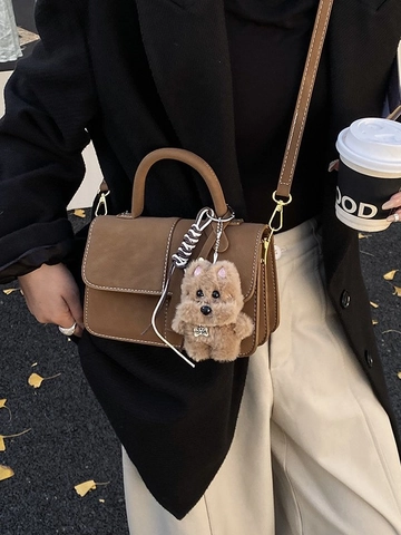 Retro PU Leather Crossbody Bag For Women Small Square Handbag Contrast Stitching Fashion Shoulder Bag With Plush Pendant