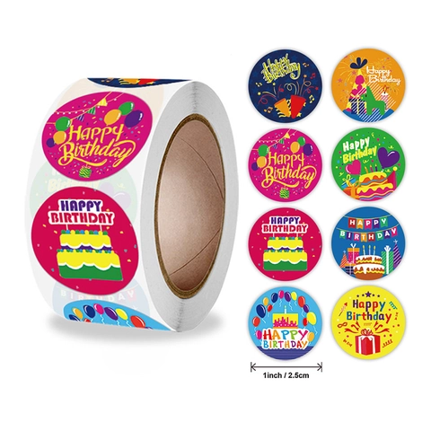 Autocollants Happy Birthday Étiquettes Autocollantes Rondes Pour Fête d'Anniversaire Boîte Cadeau Scellage Enveloppe Motifs Gâteau Ballon Stickers Décoratifs