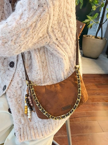 Vintage Wildlederimitat Leopardenmuster Schultertasche Für Damen Retro Goldkette Unterarmtasche Mit Perlenanhänger Umhängetasche