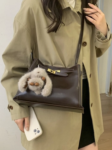 Retro PU Leather Bucket Bag For Women Vintage Elegant Handbag With Metal Lock And Plush Rabbit Charm Shoulder Bag