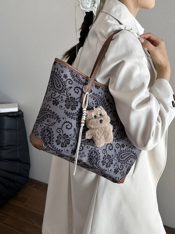 Vintage Paisley Blumenmuster Tote Bag Für Damen Große Kapazität Wildleder Mode Umhängetasche Mit Bär Anhänger