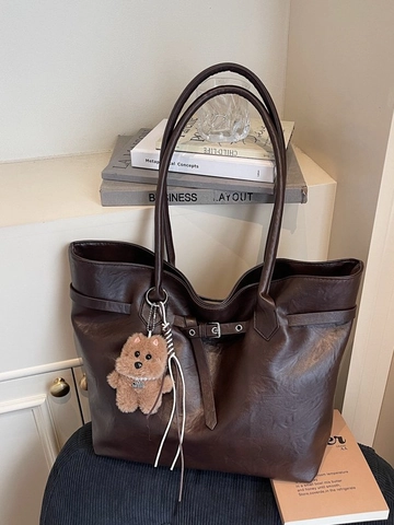 Borsa Tote in Pelle PU Grande Capacità Tracolla Vintage per Donna Studente Pendolare Borsa a Mano Con Ciondolo Orsacchiotto