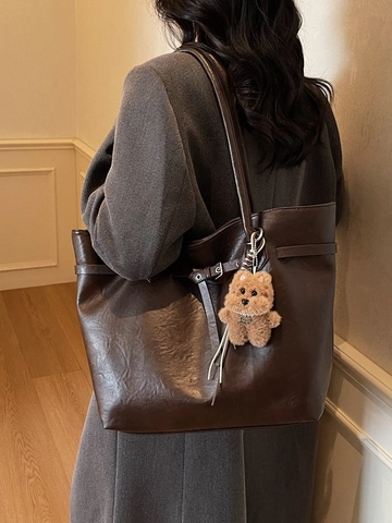 Borsa Tote in Pelle PU Grande Capacità Tracolla Vintage per Donna Studente Pendolare Borsa a Mano Con Ciondolo Orsacchiotto