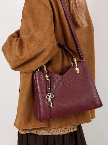 Women Vintage Litchi Pattern PU Leather Bucket Bag Top Handle Crossbody Handbag With Key Music Note Pendant Gold Hardware