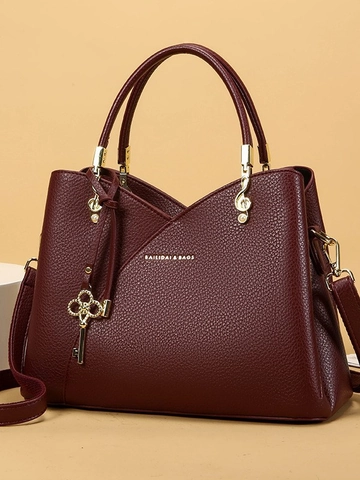 Women Vintage Litchi Pattern PU Leather Bucket Bag Top Handle Crossbody Handbag With Key Music Note Pendant Gold Hardware