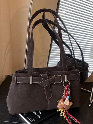 Vintage Matte PU Leather Shoulder Bag Women Large Capacity Tote Bag Chic Underarm Bag With Belt Buckle And Bear Charm