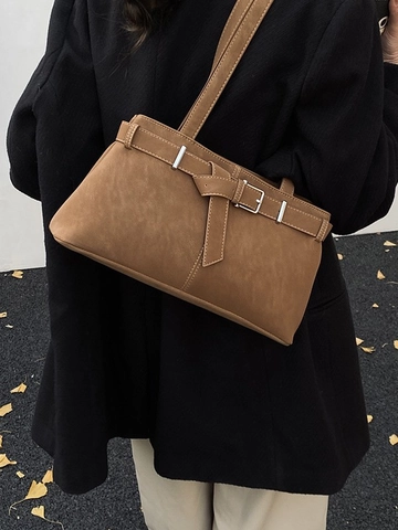 Vintage Matte PU Leather Shoulder Bag Women Large Capacity Tote Bag Chic Underarm Bag With Belt Buckle And Bear Charm