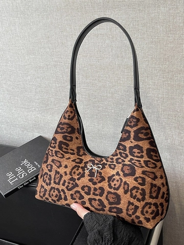 Vintage Leopardenmuster Gepunktete Unterarmtasche Damen PU Leder Webstoff Hobo Tasche Mit Schleife Metalldekor Pendler Handtasche