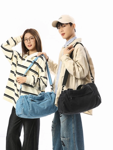 Vintage Washed Denim Shoulder Bag For Women Large Capacity Solid Color Crossbody Travel Bag Casual Canvas Messenger Bag