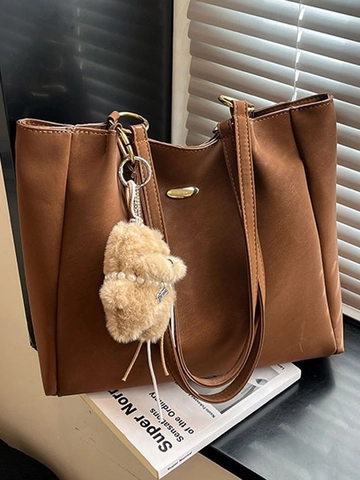 Women Large Capacity PU Leather Tote Bag Minimalist Fashion Shoulder Bag With Plush Bear Charm For Commute School Daily