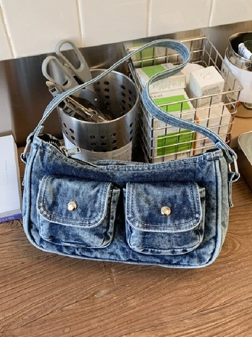Borsa a Spalla in Denim Lavato Vintage per Donna Stile Workwear Retrò Borsa Sottobraccio con Multi Tasche Borsa a Mano Casuale