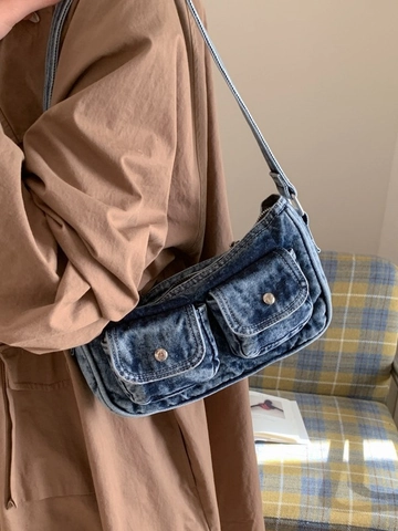 Borsa a Spalla in Denim Lavato Vintage per Donna Stile Workwear Retrò Borsa Sottobraccio con Multi Tasche Borsa a Mano Casuale