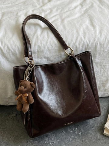 Damen Große Kapazität Retro PU Leder Tote Bag Einfache Mode Schultertasche Pendler Handtasche Mit Plüschbär Anhänger