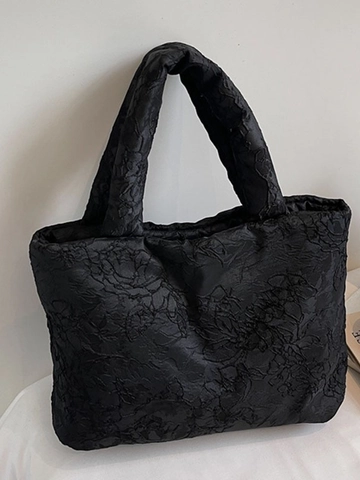 Women Vintage Embroidered Satin Tote Bag New Chinese Style Floral Jacquard Quilted Puffy Shoulder Bag Elegant Handbag