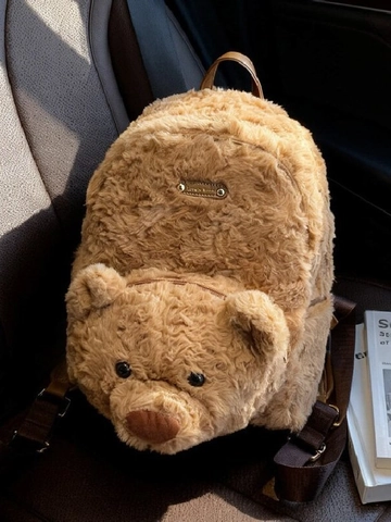 Cute Cartoon Bear Plush Backpack For Women Winter Soft Faux Fur 3D Animal Design Casual Travel School Daypack Brown