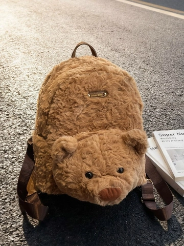 Cute Cartoon Bear Plush Backpack For Women Winter Soft Faux Fur 3D Animal Design Casual Travel School Daypack Brown
