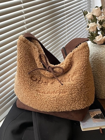 Women Winter Large Capacity Plush Bucket Bag Sherpa Suede Patchwork Crossbody Bag Drawstring Bow Embroidery Shoulder Bag