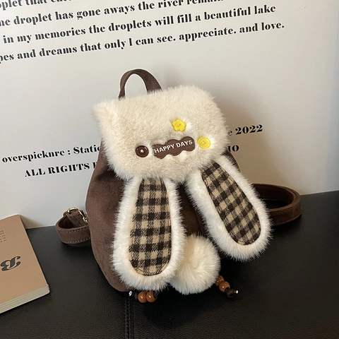 Women's Cute Plush Rabbit Ear Backpack Sweet Plaid Pattern Faux Fur Mini Drawstring Bucket Bag Fashion Daypack For Girls