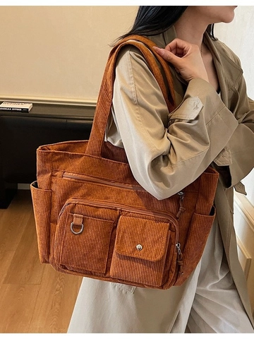 Borsa Tote in Velluto a Coste di Grande Capacità da Donna con Tasche Multiple Borsa a Tracolla Impermeabile per Lavoro Quotidiana Casual Stile Vintage