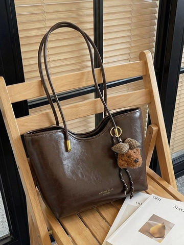 Borsa Tote da Donna in Pelle PU Cerata Retrò Grande Capacità Borsa a Spalla Pendolare Con Ciondolo a Forma di Orsacchiotto di Peluche Borsa da Lavoro per Ufficio