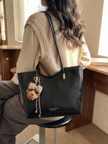 Borsa Tote da Donna in Pelle PU Cerata Retrò Grande Capacità Borsa a Spalla Pendolare Con Ciondolo a Forma di Orsacchiotto di Peluche Borsa da Lavoro per Ufficio