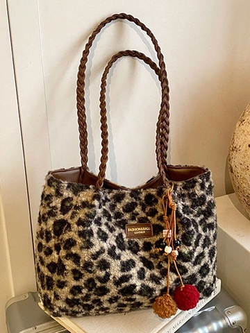 Borsa Tote in Peluche Leopardata da Donna Vintage Grande Capacità Borsa a Tracolla in Pelliccia Sintetica Con Manico Intrecciato