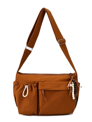 Borsa a Tracolla in Nylon Lavato Impermeabile di Grande Capacità Borsa Messenger Casual Multitasca Con Ciondolo in Perline di Legno Unisex